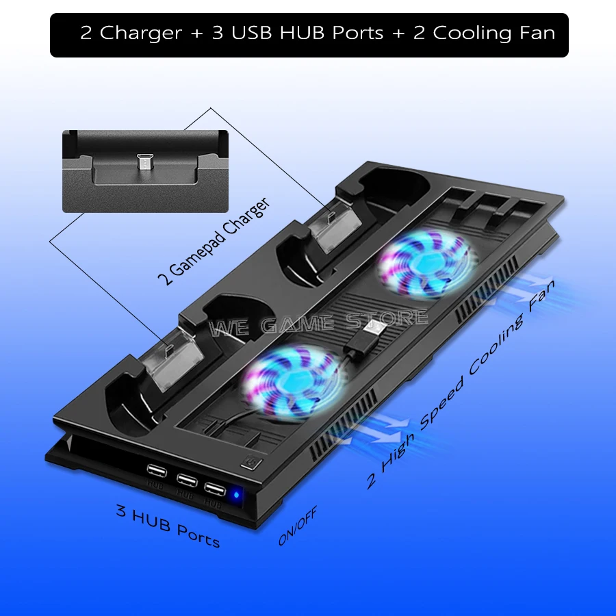 PS4 PRO/SLIM Console de Jogos Suporte Vertical, Cooling Stand, 2 Cooler Fan, Gamepad, Estação de carregamento para Sony Playstation 4 Slim