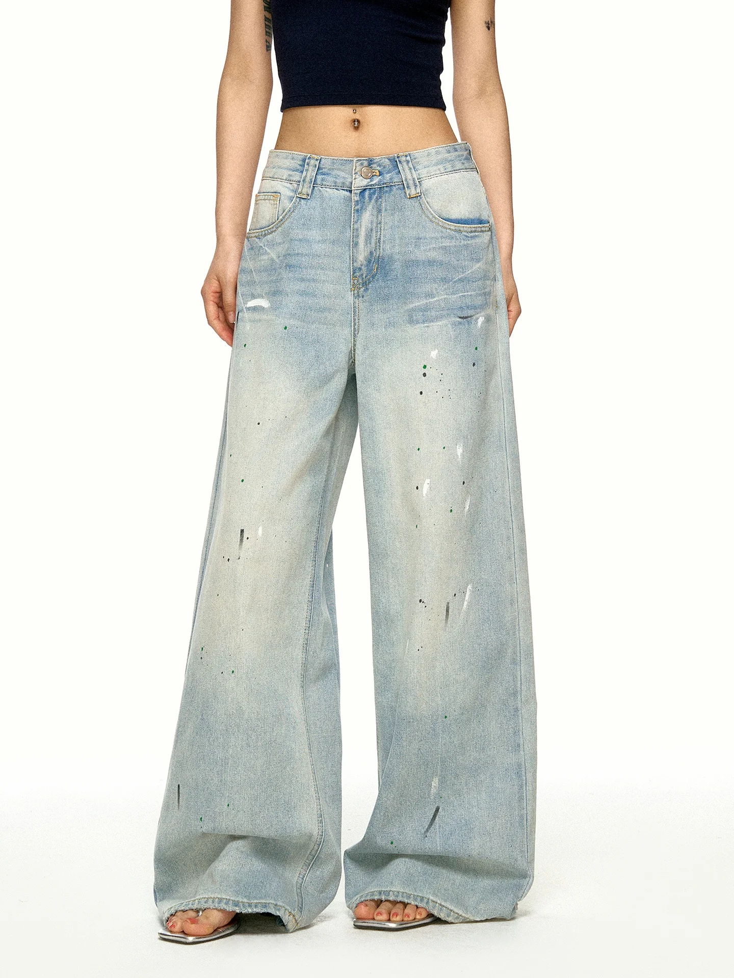 Aaisup Light Blue Washed Wide Leg Jeans Women's Summer Loose Draping Slim Straight Floor-Length Pants Casual Straight Leg Jeans