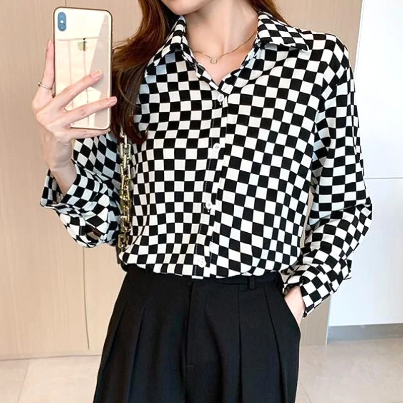 Thin Autumn Winter Loose Women Shirt Vintage Lattice Blouses Button Turn-down Collar Temperament Cardigan Women\'s Clothing 2022