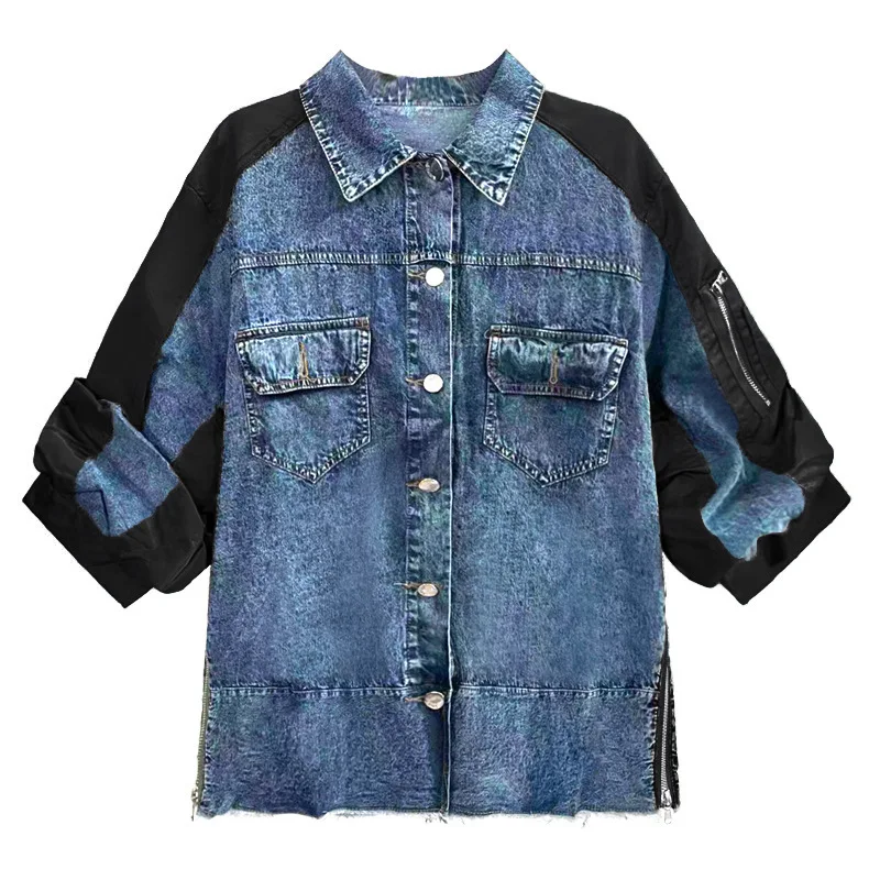 

Пальто женские джинсовые куртки в стиле пэчворк Y2k верхняя одежда с отложным воротником однобортная молния винтажное осеннее пальто уличная одежда 2025