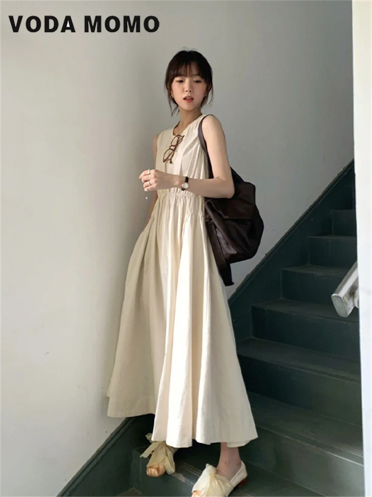 O-neck A-line Summer Solid Loose Female Elegant Mid-Length Skirts Small Strap Sleevesless Tank Woman Dress Japan Preppy Style