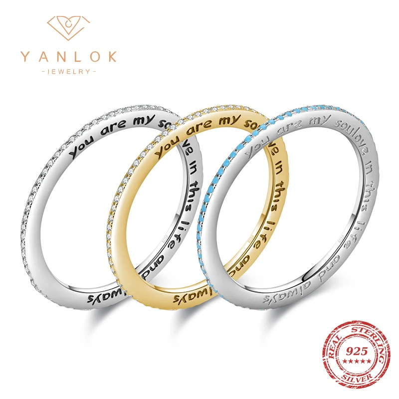 

YANLOK Love Statement 925 Sterling Silver Carving Letter Ring Elegant Turquoise Slim Stackable Ring for Women Female Jewelry