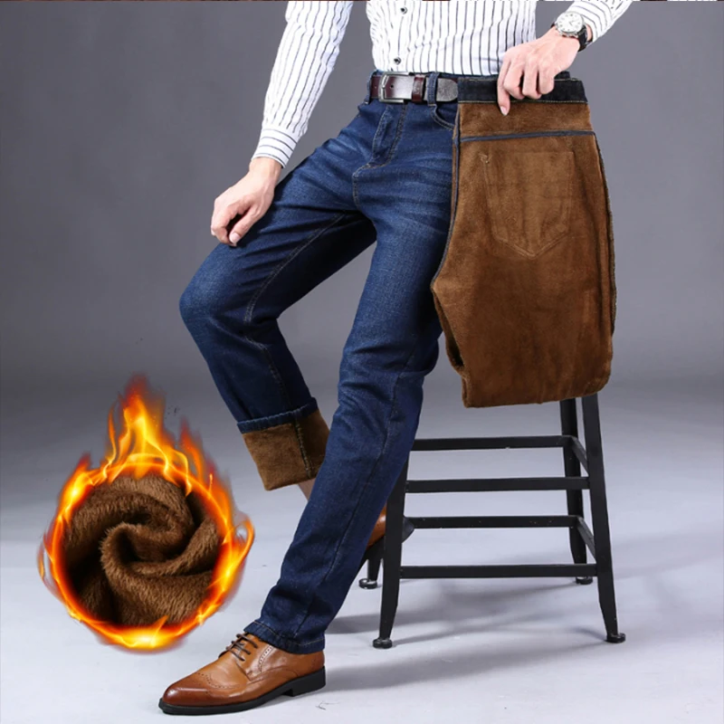 Autumn Winter Jeans High Waist Men's Pants Plus Velvet Jean Warm Trousers Men Casual Elastic Straight Loose Large Size Pants