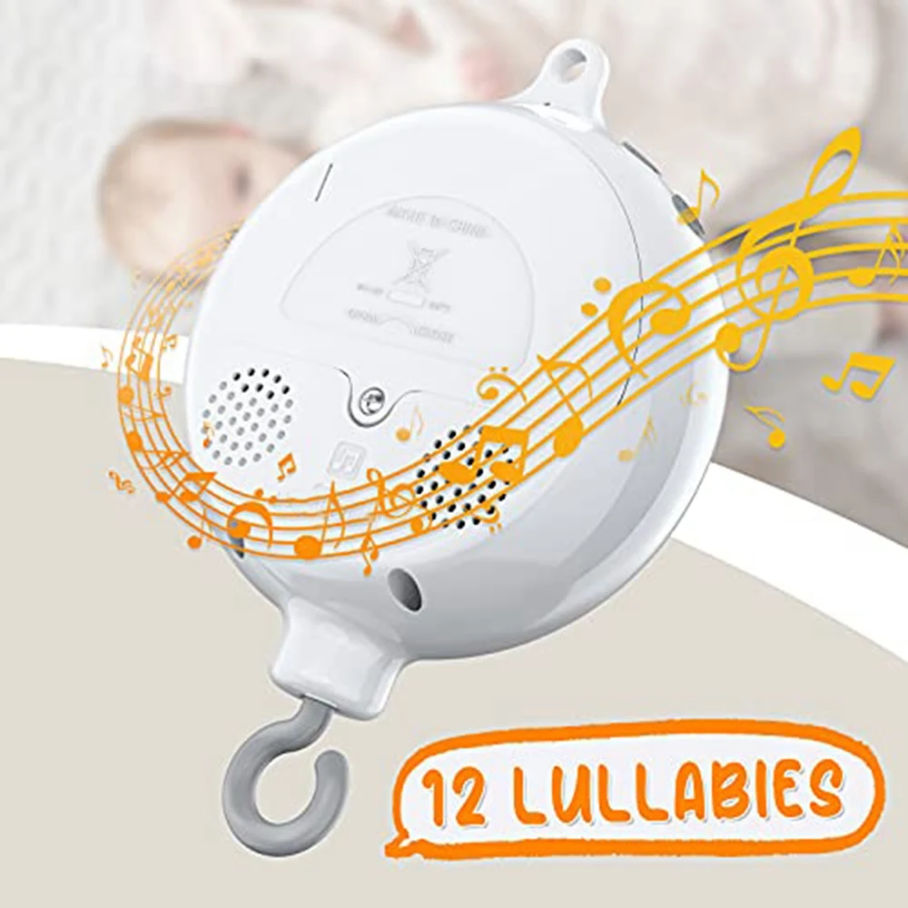 L68ACrib Mobile Motor Baby Music Box Spinner with 3 Modes Volume Adjustable 12 Lullabies Auto-Off After 30 Minutes