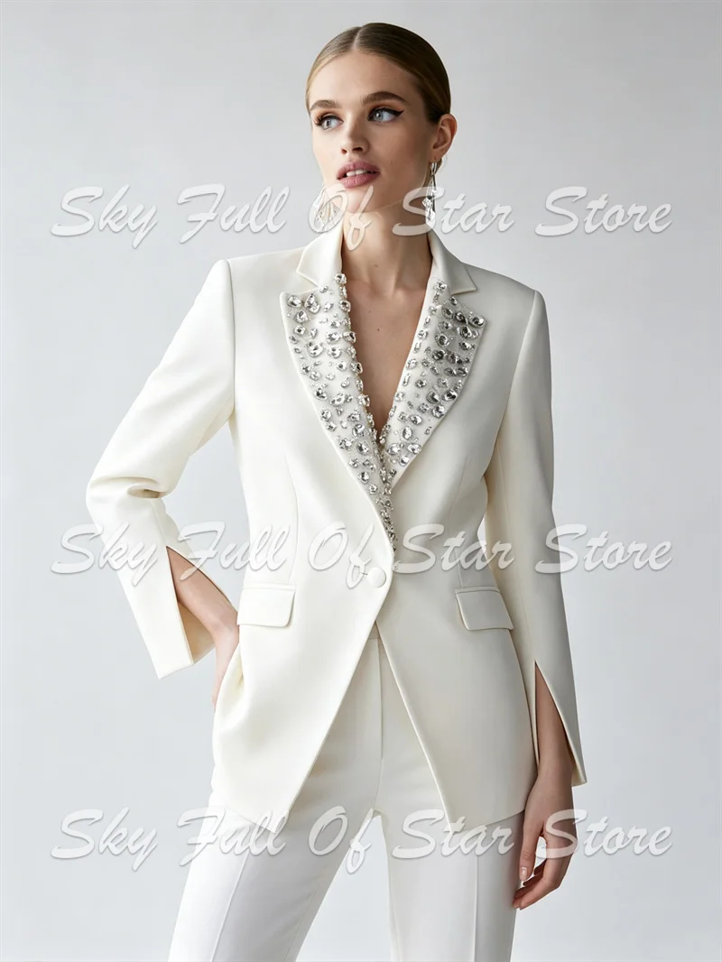 Elegant Rhinestone Decor Women Suit Set 2 Pcs Blazer Straight Pants Formal Wedding Bridal Evening Party Wear Cocktail Outfit