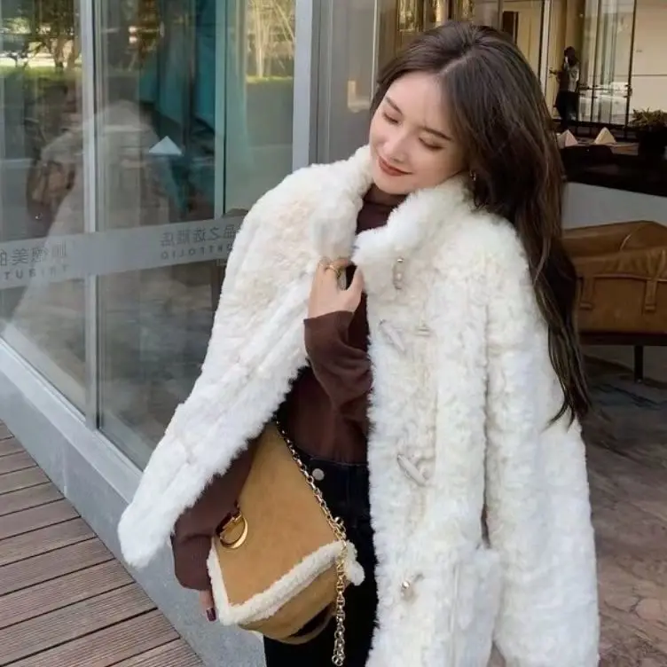 New Women Winter Fashion Faux Rex Rabbit Fur Jackets Female Short Stand Collar Coats Ladies Loose Imitation Fur Overcoats A495