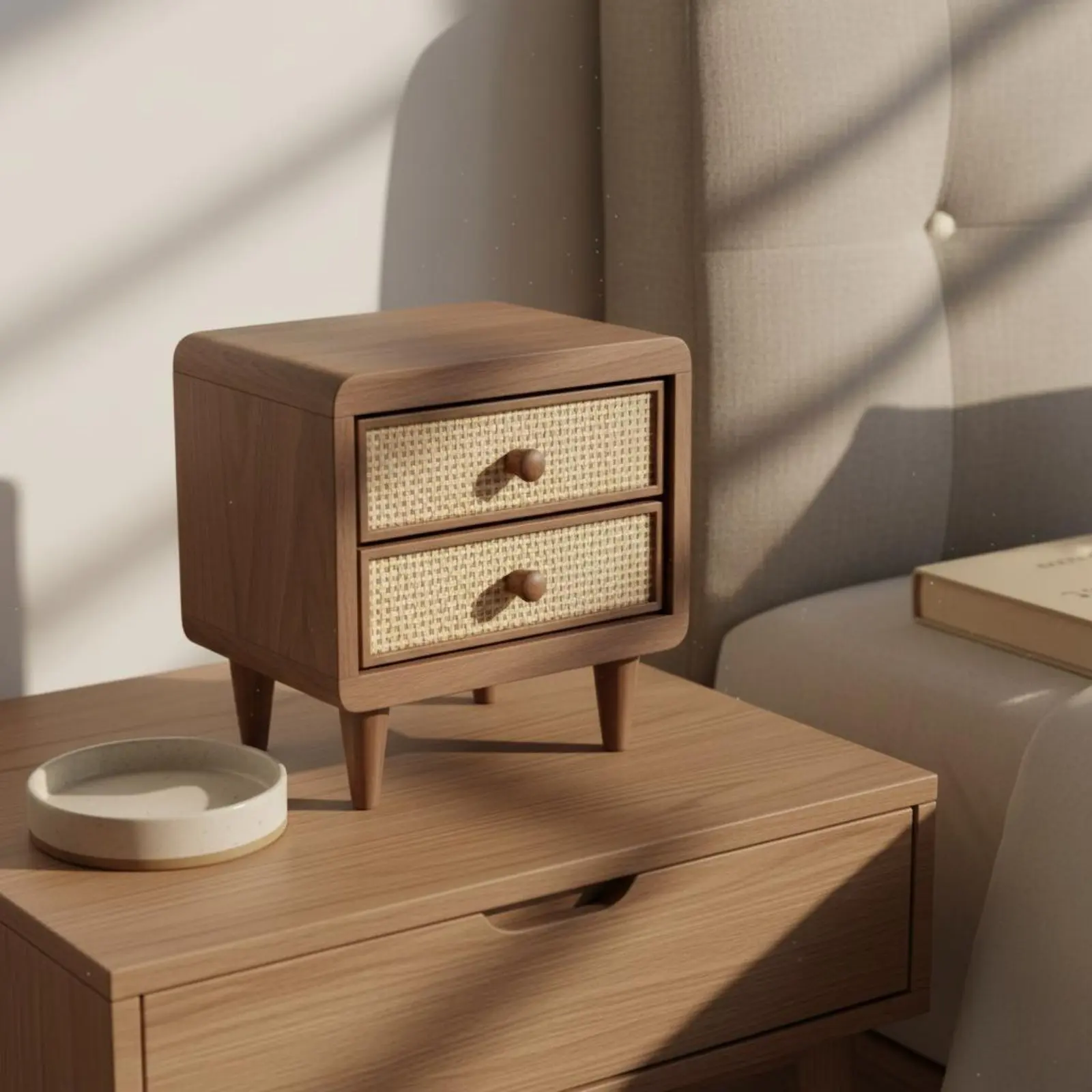 Wooden Rattan Drawer Box Space Saving Vintage Wooden Storage Chest Mini Desk Storage Box Effortless Sliding Drawers