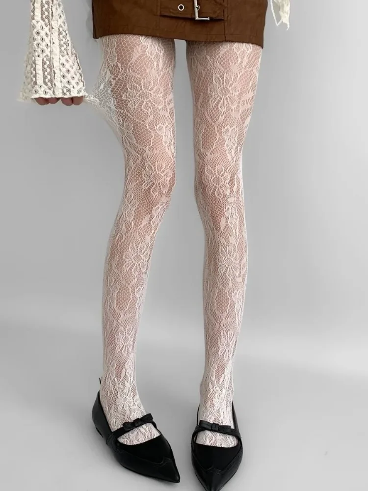 

Floral Pattern Coffee Fishnet Pantyhose Women Sexy Brown Hollow Out Mesh Tights Lolita Nylon Plus Size Transparent Stockings