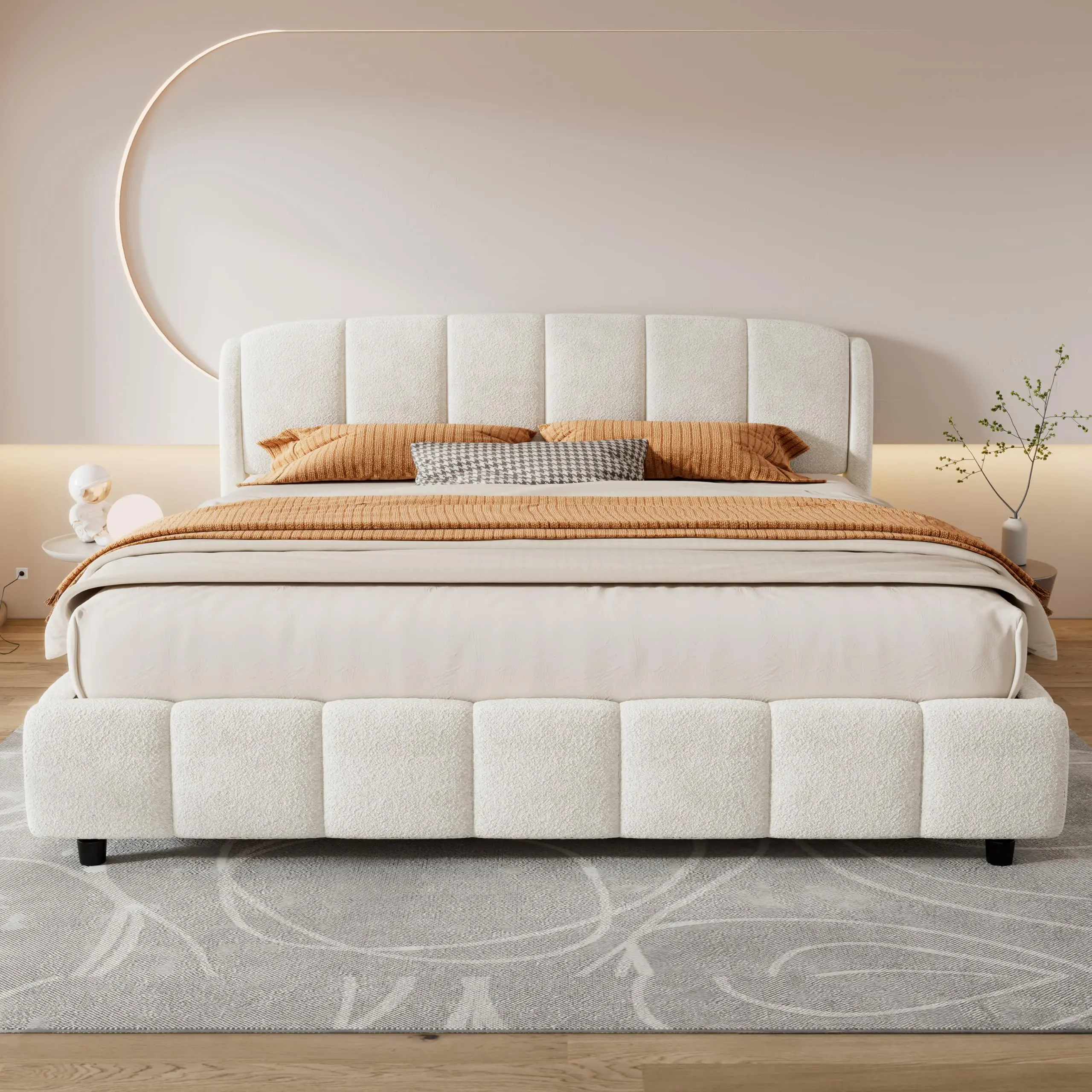 King King Size Bed Frame, Curve-Shaped Headboard, Boucle Fabric, Beige - Aliexpress Deal
