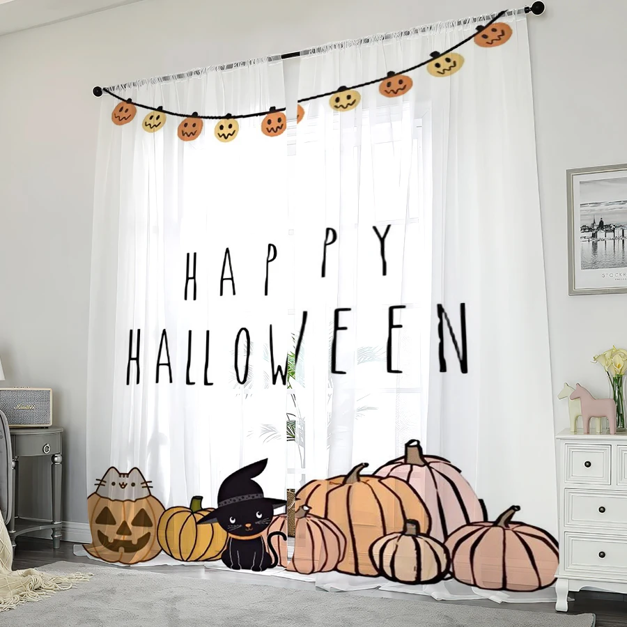 2PCS Digital Print Sheer Curtain, Cute Cat Pumpkin Halloween Garland String Window Drapes for Living Room Bedroom Home Decor - view 3