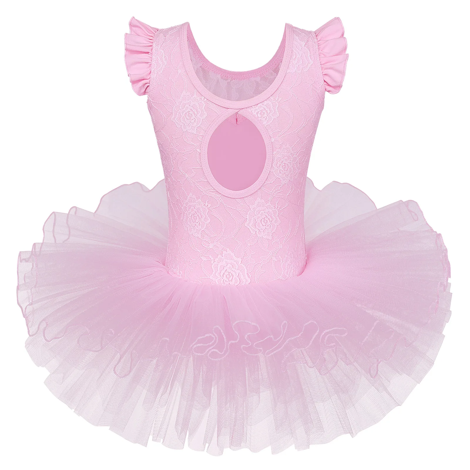 BAOHULU Girls Pink Lace Ballet Tutu Dress Ruffle Sleeve Rose Embroidery Dance Leotard for Girls Performance 3-8Y