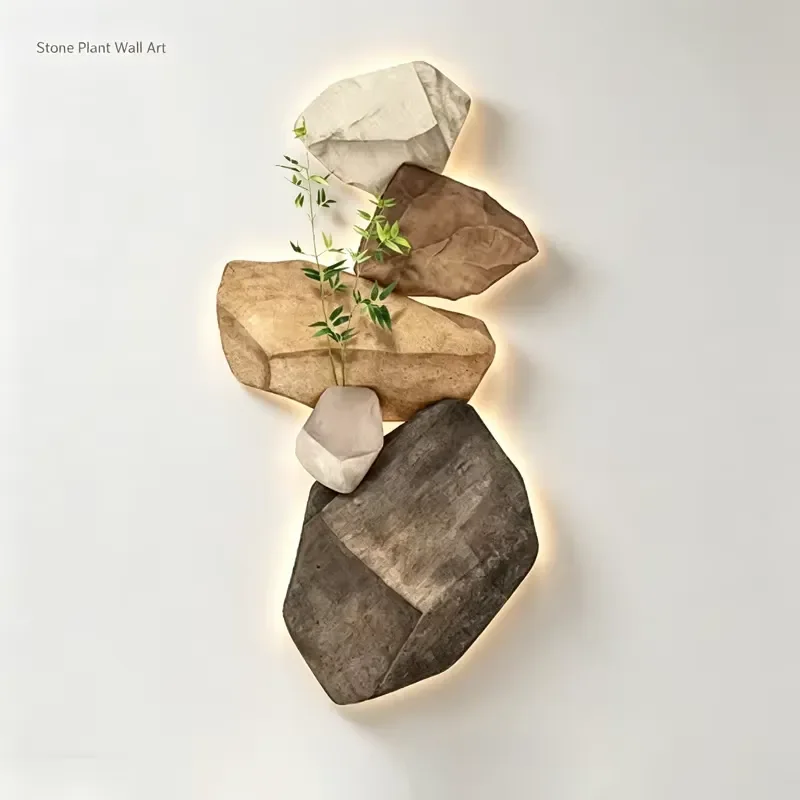 Wabi-sabi Style Stone Pile LED - Neutral Tone 3D Textured Wall Art Piece, Featuring a Plant Vase, Suitable for the Living
