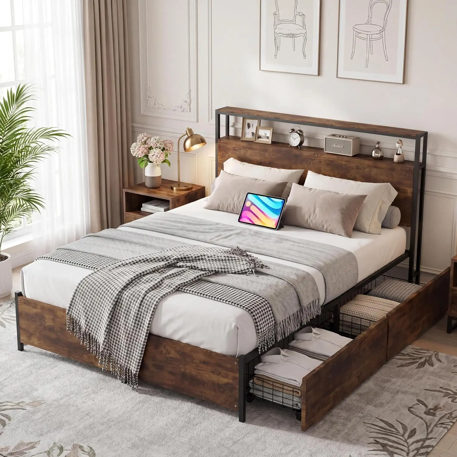 14 Inch Queen Metal Platform Bed Frame with Storage Headboard Footboard 4 Drawers No Box Spring Black Brown, Customized