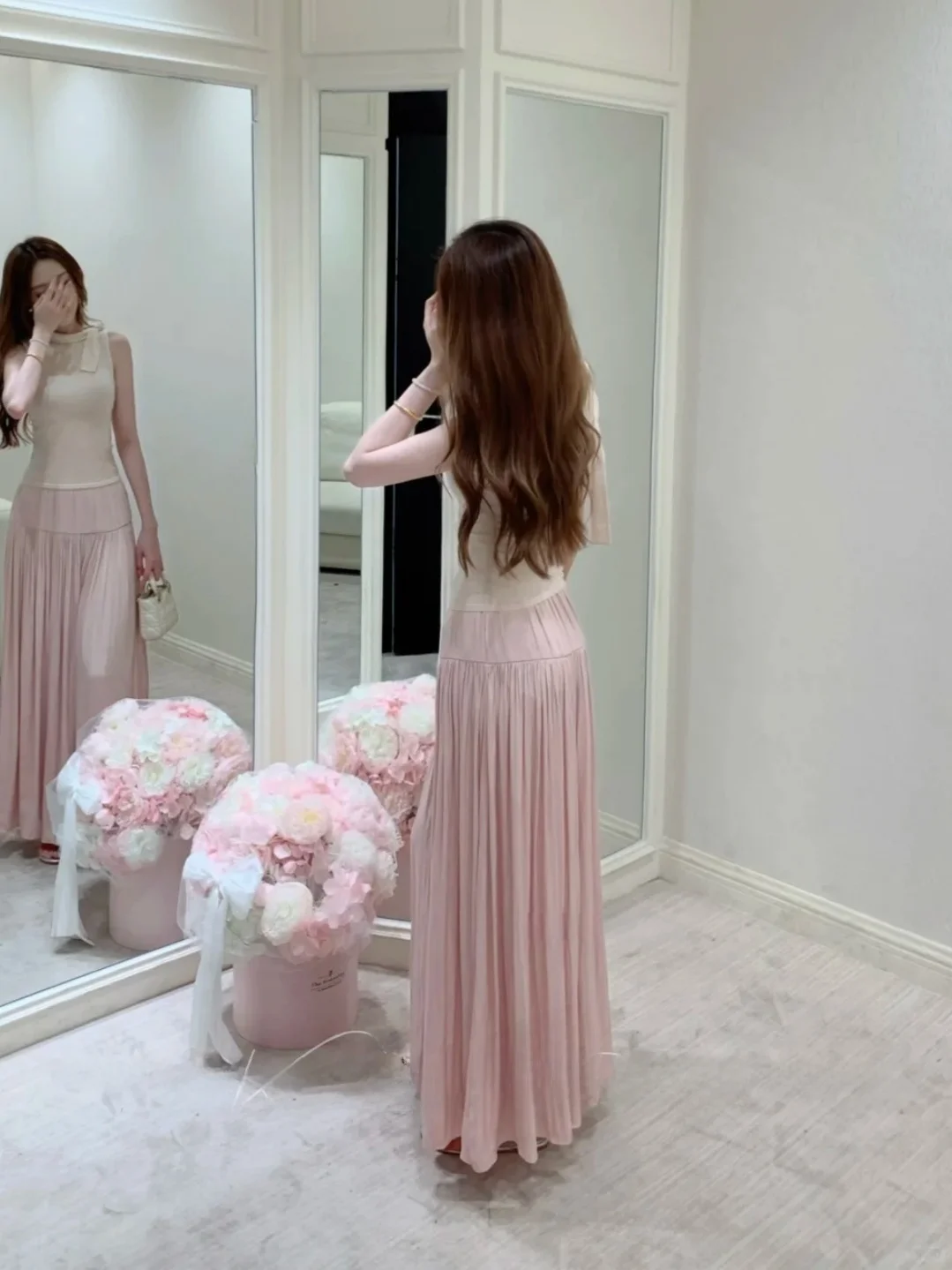 Elegant Pink Gauzy Skirt Long Pleated Draped Soft Cherry Island Love Skirt Women's High Waist Other Material Other Style