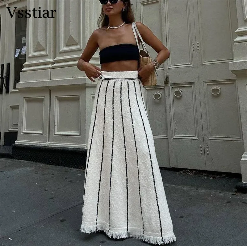 

Vsstiar High Waist Women Casual Long Skirts Fashion Striped Tassel Knitted Skirt Elegant Autumn Winter Ladies Clothes Streetwear