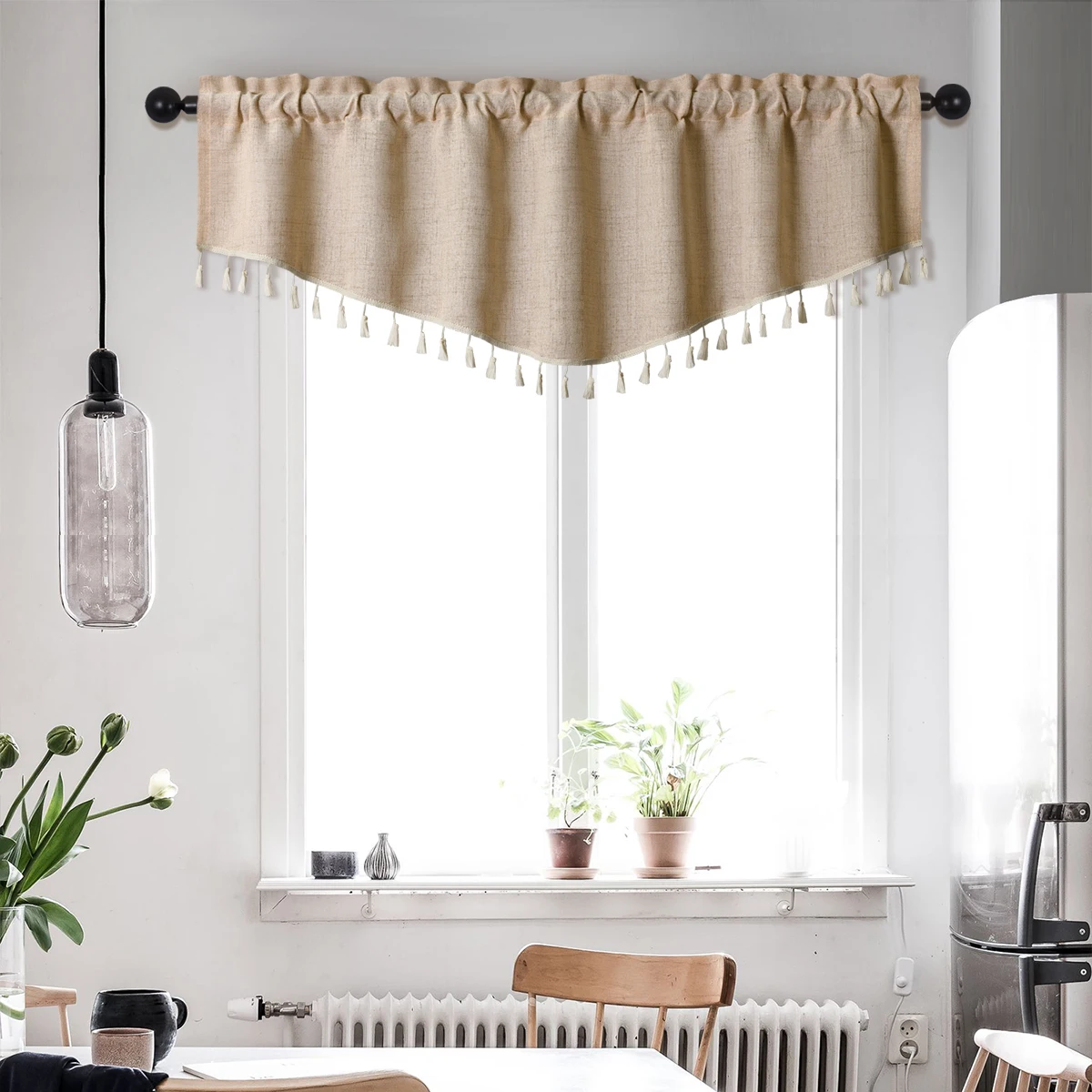 1 pc Japanese Style Valance，Rod Pocket，Hemp Cotton Material V-shaped Window Short Curtain with Tassel for the Home Decor