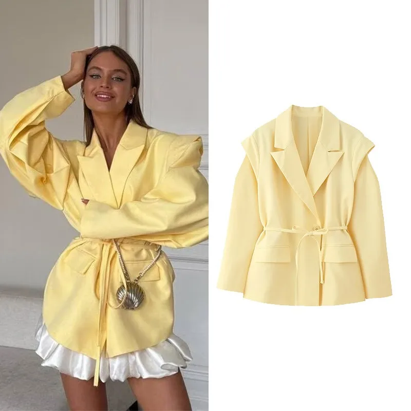 

HipSeam Women Blazer With Belt Autumn Broad shoulder Coats & Jackets Pocket Women's Clothing Casual Female Outcoat