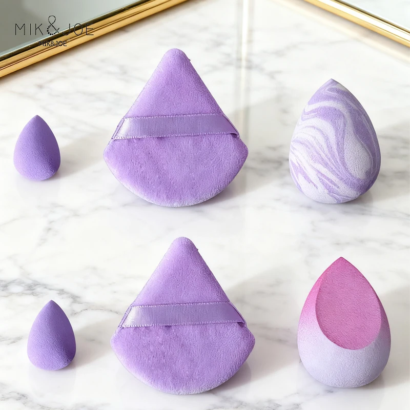 6개입 퍼플 그라데이션 메이크업 블렌더 세트: 작은 물방울, 삼각형, 대형 블렌더 및 원컷 스펀지로 완벽한 마무리