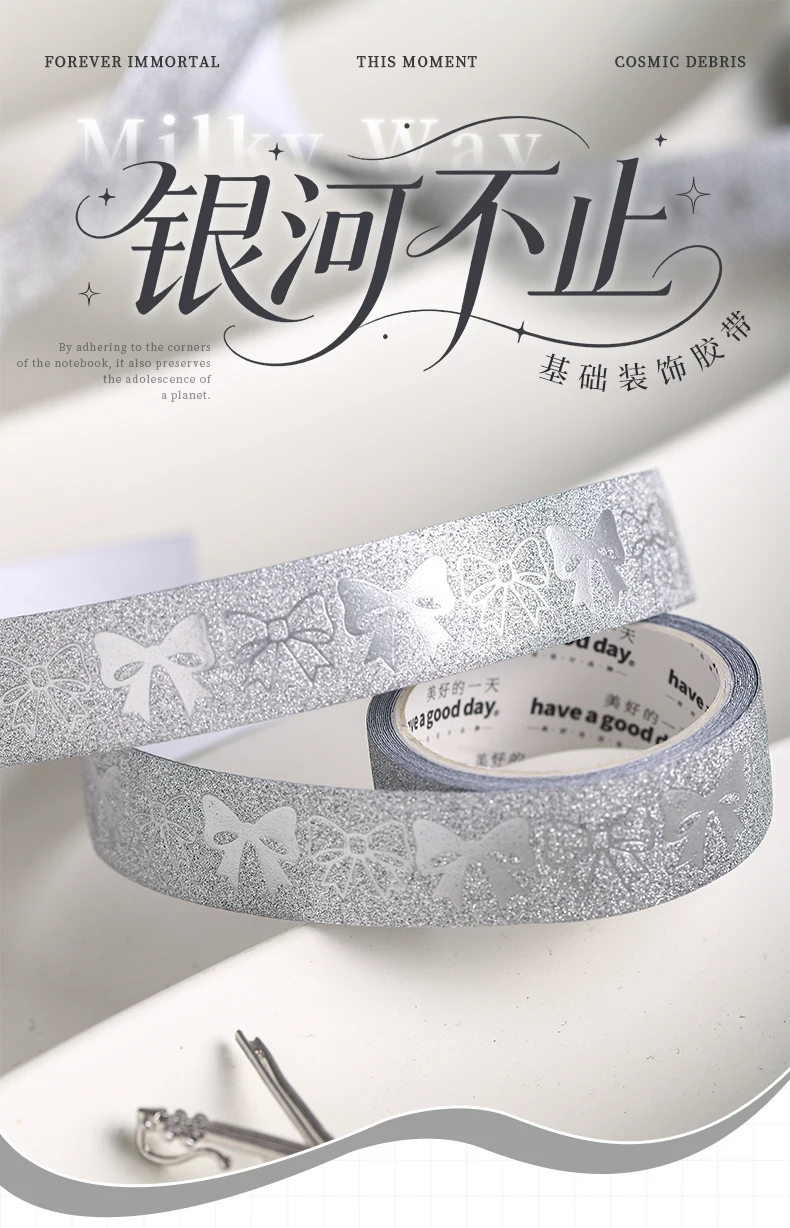 Journal GO 1,5 cm x 2 m Washi-Tape mit Glitzereffekt, Flash Spezialpapier Schleife Herz Blume Masking Tape für Journaling und Scrapbooking – Detail 1