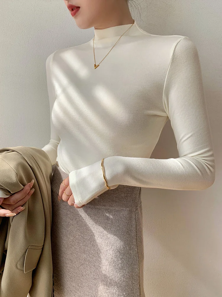 เสื้อยืดแขนยาวผู้หญิงเสื้อผ้าฝ้ายพื้นฐานสลิมฟิตสีขาวผ้าระบายอากาศสบายชายเสื้อระบายอากาศฤดูใบไม้ร่วงเดินทางทุกวันสบายๆ