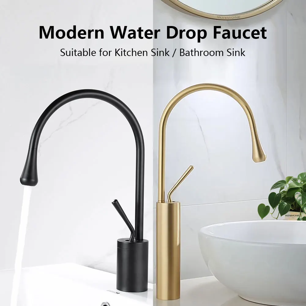 Grifo de lavabo de gota de agua moderno, montaje en cubierta, mezclador de latón frío y caliente, grifo de agua giratorio, grifos de lavabo para baño y cocina Grifo del fregadero del cuarto de baño grifos de cocina