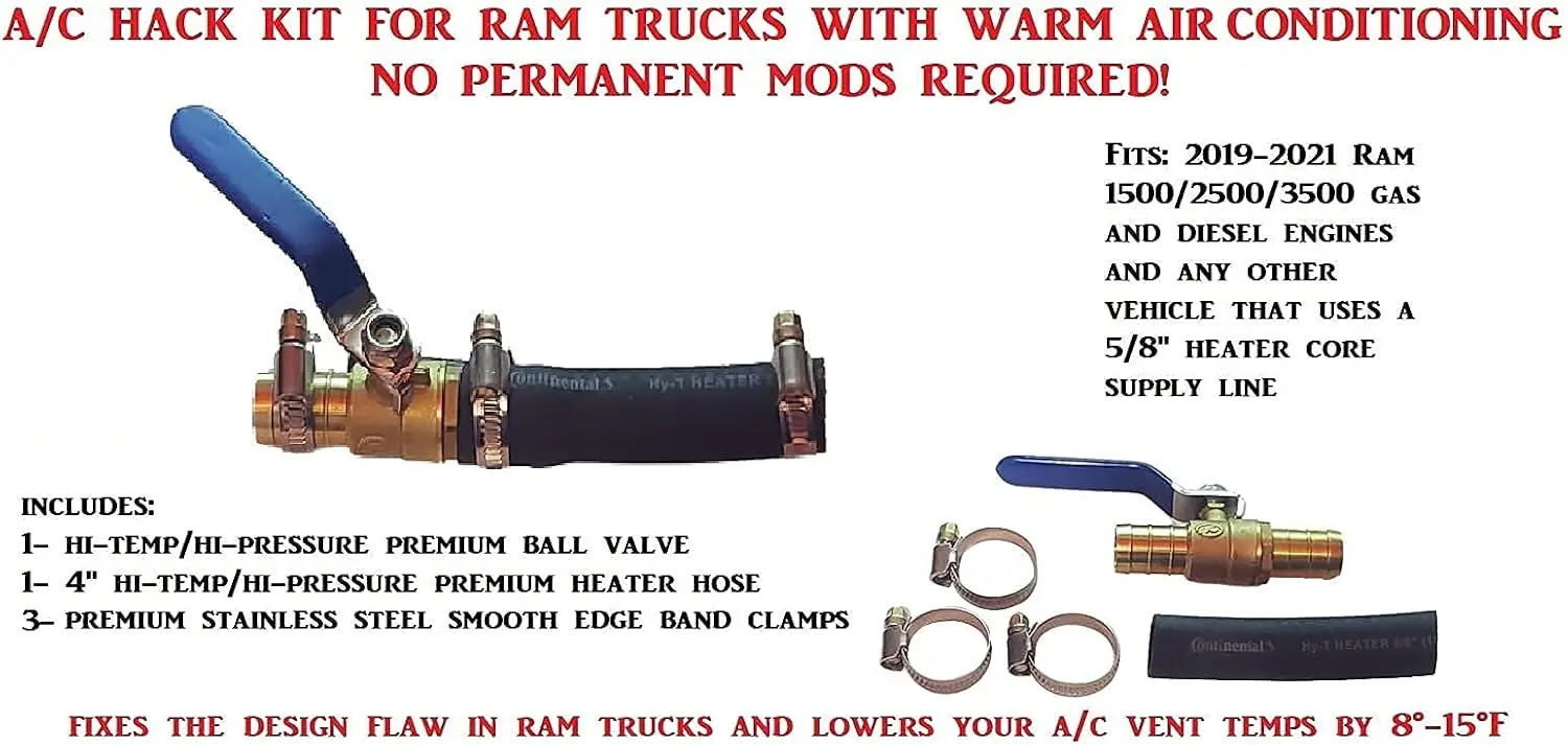 

A/C Hack Kit for 2019-2022 1500/2500/3500 Trucks, Heater Core Blend Door By-Pass with Clamps & Shut Off Valve