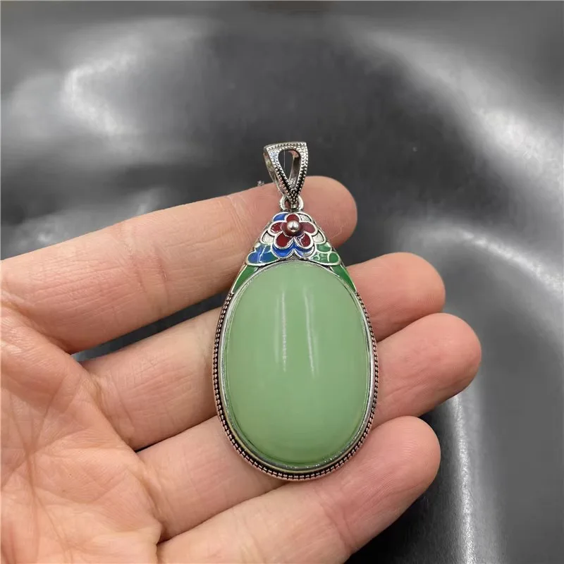 

Vintage natural Hotan Jade light green oval Large Pendant ethnic style floret necklace banquet jewelry Hanfu accessories