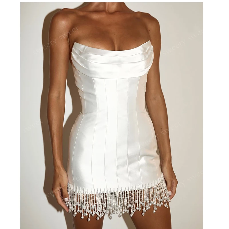 Simplicity Short-Length Wedding Dresses Satin With Pearl Fringe Mini Ball Gown Sleeveless Strapless Customized Bride Dress