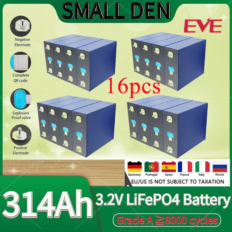 Lifepo4 3.2V 314Ah High Capacity A Grade New EVE Rechargeable Batteries 1-16PCS 8000+ Cycle For Boat Solar System RV