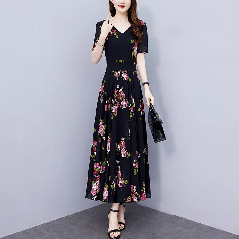 2025 Vintageสีดําพิมพ์VคอNight MidiชุดBodycon PartyหรูหราพรหมชุดยาวElegantผู้หญิงสบายๆชุดชีฟองดอกไม้