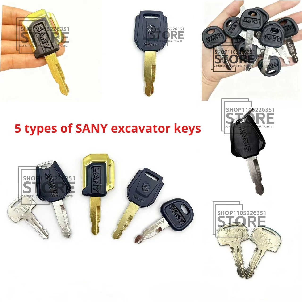 

50 шт. (5 видов ключей) для экскаваторов Sany: ключ зажигания, универсальный ключ для дверей, баков и ящиков для инструментов (модели SY55, 60, 75, 135, 215)