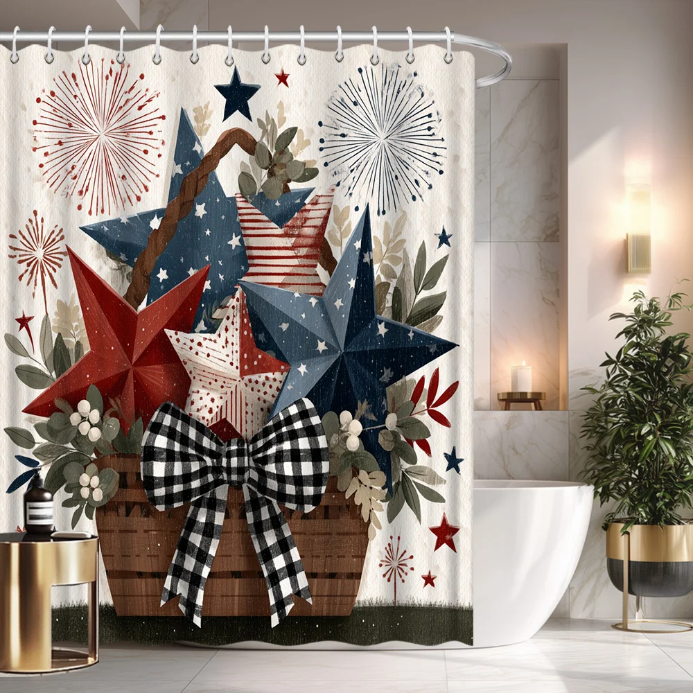 

2D Flat Independence Day Shower Curtain Red Blue Stars Fireworks Basket Black Bow Polyester with Hooks multiple sizes