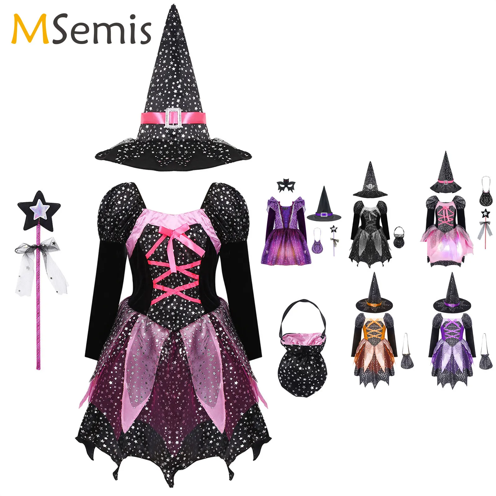 4pc Kid Girls Halloween Witch Costume Sparkly Silver Stars Printed Carnival Cosplay Dress with Pointed Hat Wand Dress Up Clothes