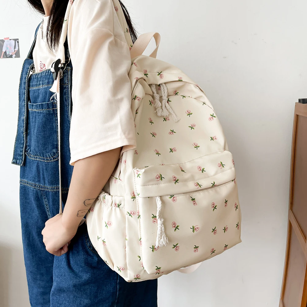 Student School Bag Fashion Floral Backpack Women Nylon Rucksack With Adjustable Strap Teenager Girl Large Capacity Travel Bag