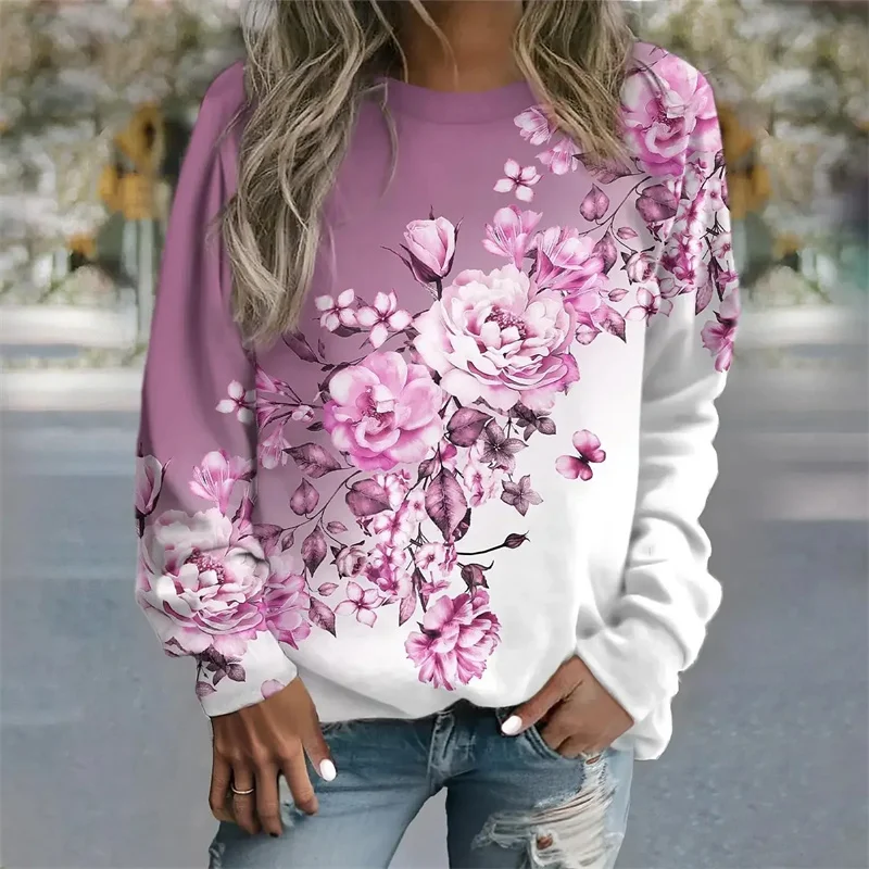 Women\'s Spring Long Sleeve T-shirts 3d Flower Printed Pullover Tops Fashion Casual O Neck Floral Women Clothes Graphic T-shirts