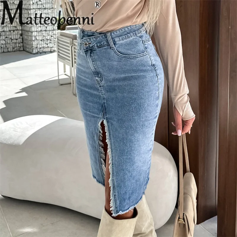 Women's Sweet Style Solid ColorSplit Wrap Hip Denim Skirt Female Korean Fashion Burrs Slim Fit Half-body Dresses Casual Commuter