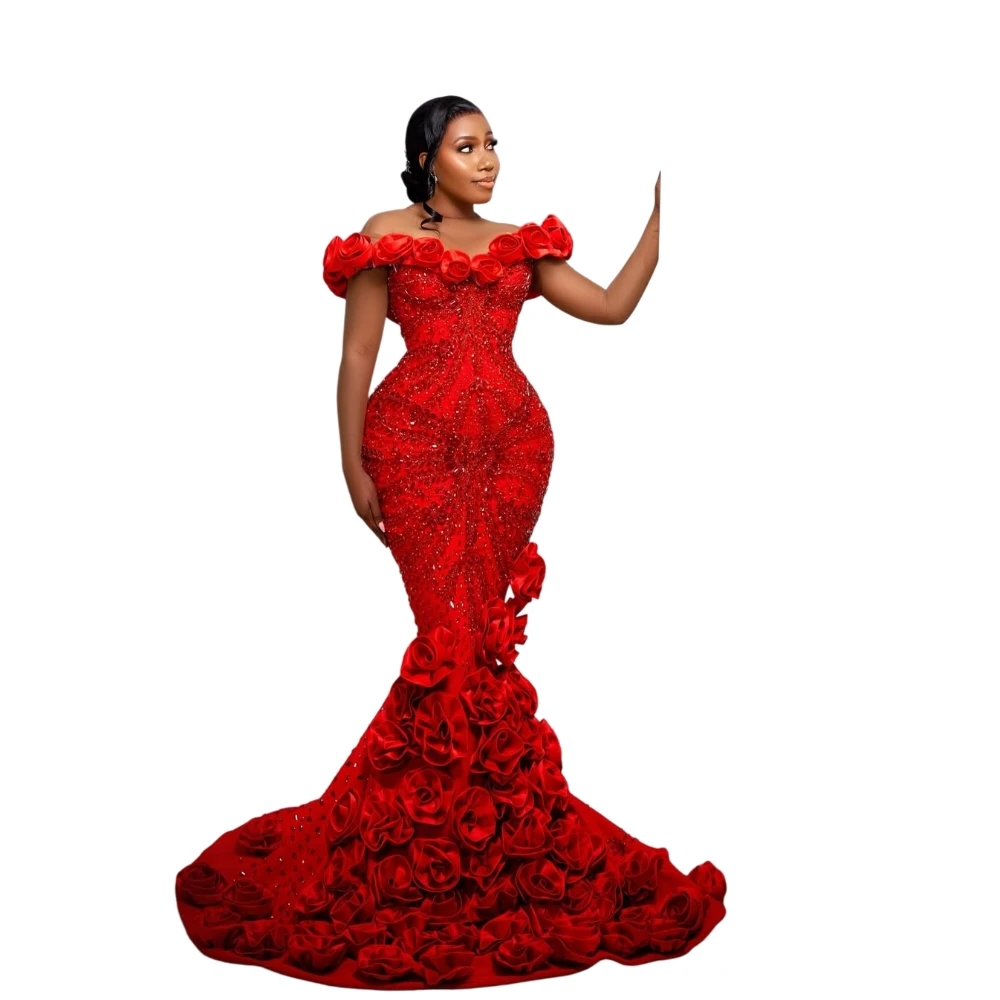 Moderno fora do ombro vestidos de noite flores de cristal lantejoulas trem varredura vestido de baile sereia personalizado vestidos de noche