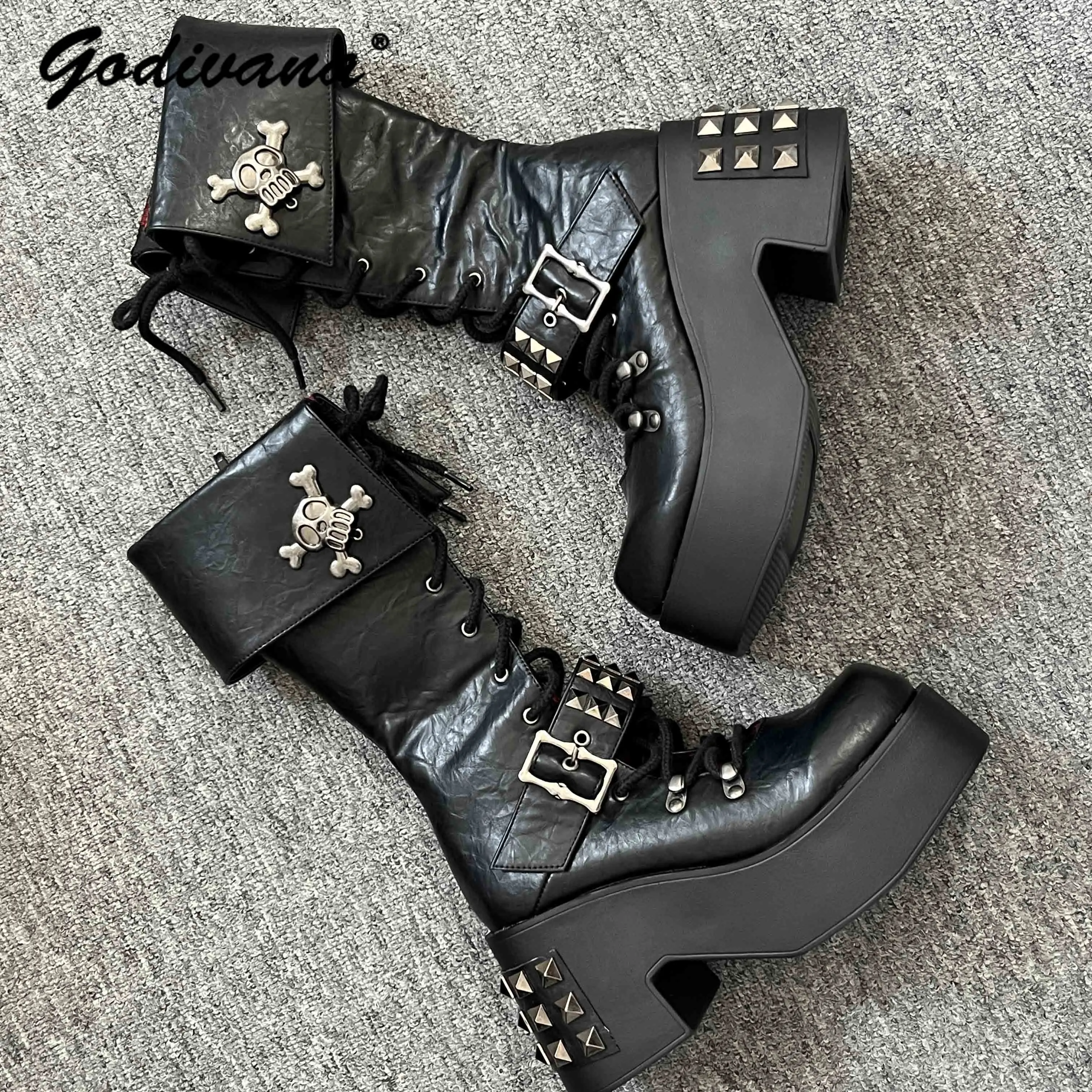 Original Punk Subculture Y2K Hot Girl Platform Shoes High Street Hollow Out Tied Rivet Long Boots Women's Vintage Knight Boots