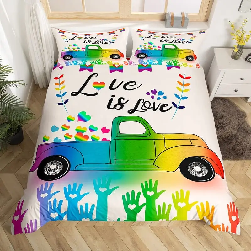 

Love Is Love Duvet Cover Rainbow Bedding Set Pride For Love Theme Romantic Comforter Cover Colorful Cartoon Car Bedspread Cover