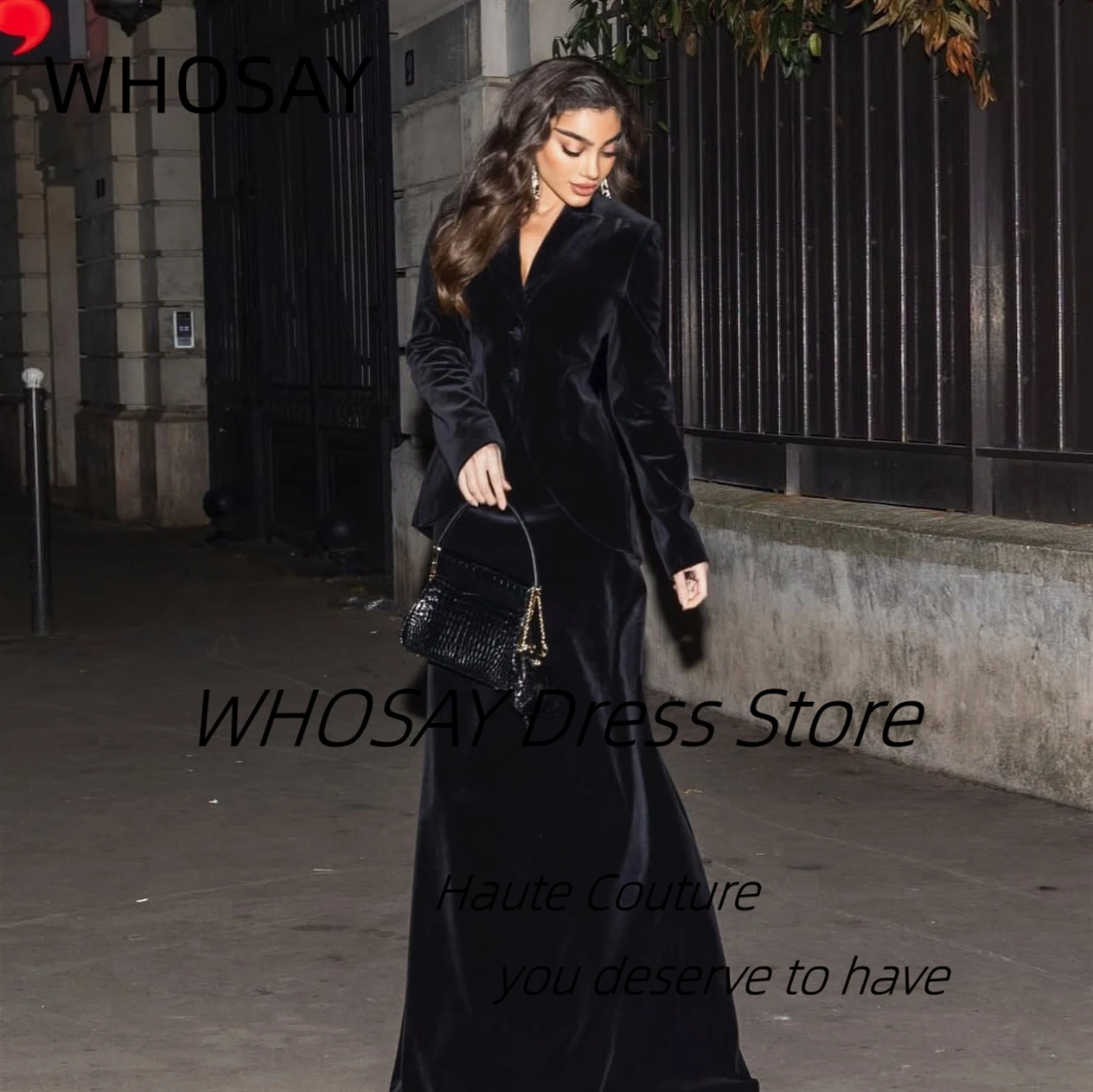 

WHOSAY V Neck Prom Dresses Long Sleeves Elegant Women's Evening Gowns Floor Length Wedding Party Dress Customized