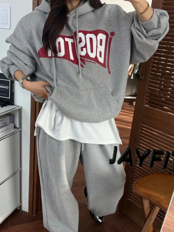 

Faionable Hoodie And High Waist Trousers Fce Lined Print Set Women's Casual Wear Comfortable Cotton Thiened Winter Outfit