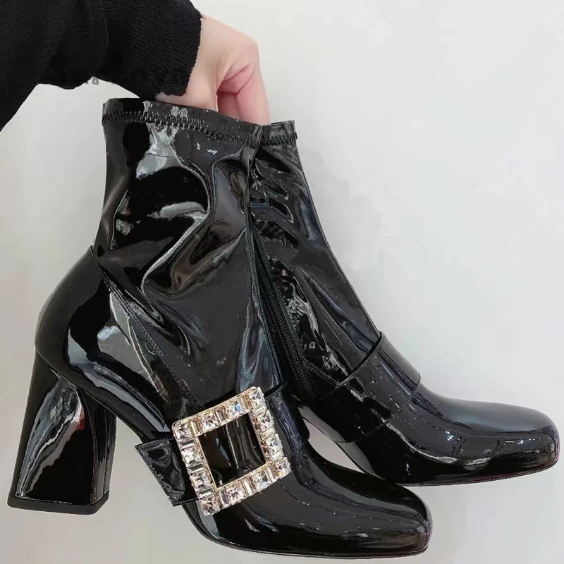 

Crystal Buckle Cow Leather Ankle Boots Vintage Square Toe Chunky Block Heel Short Boots Elegant High Heels Side Zipper Art Shoes