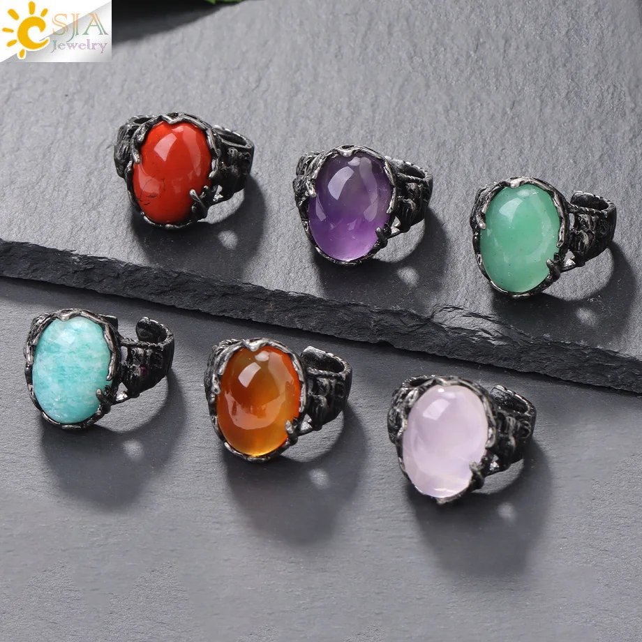 CSJA Vintage Silver Rings Natural Stone Amethyst Ring for Women Adjustable Design Handmade Fashion Jewelry Boho Accessories H765