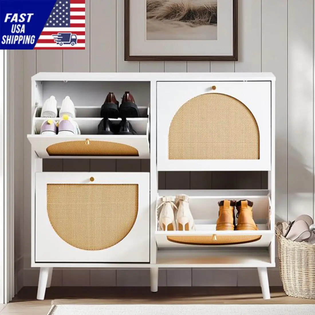 FCH 2 rows of 4 dump buckets with high feet round rattan shoe cabinet particle board + plastic rattan 105*24*98cm white frame +