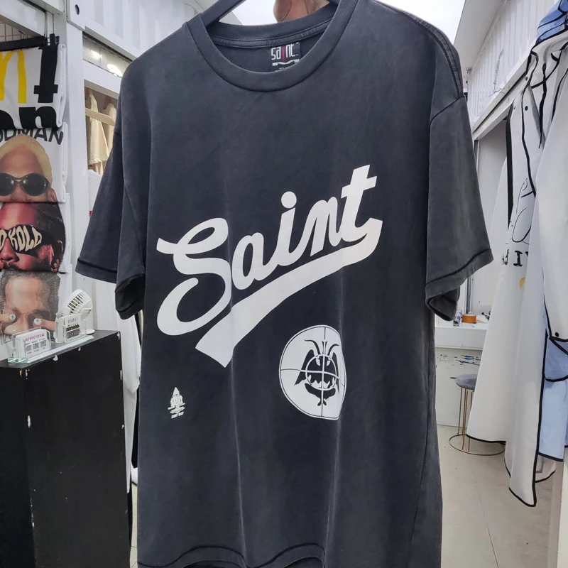 Fashion Brand Saint Short Sleeve Street Vintage Trend Hip Hop Washed Do Old Black High Quality Cotton Top Tee SAINT T-shirt