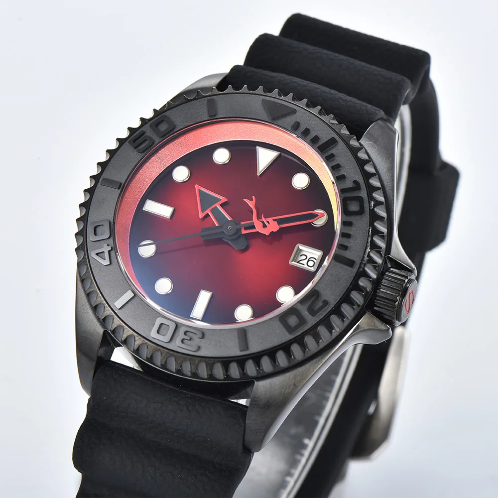 PARNSRPE Black Diving Watch Stealth Watch, Red Men's NH35 Automatic Mechanical 41MM PVD case Sapphire Crystal Luminous Hands 20b