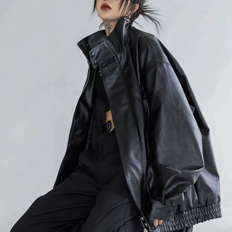 Harajuku jaqueta pu feminina gola alta moda couro falso manga longa casaco heavy metal preto y2k outerwear feminino topos