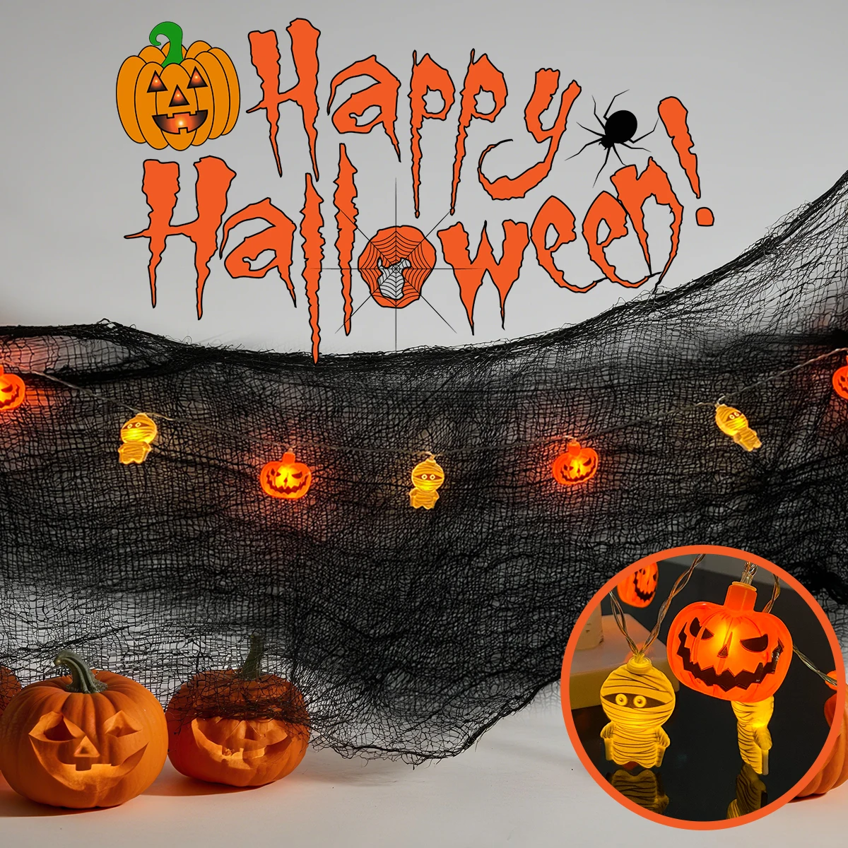 1pc 10/20LED Halloween Pumpkin & Mummy String Lights Battery Operated For Home Bedroom Window Halloween Holiday Party Decoration