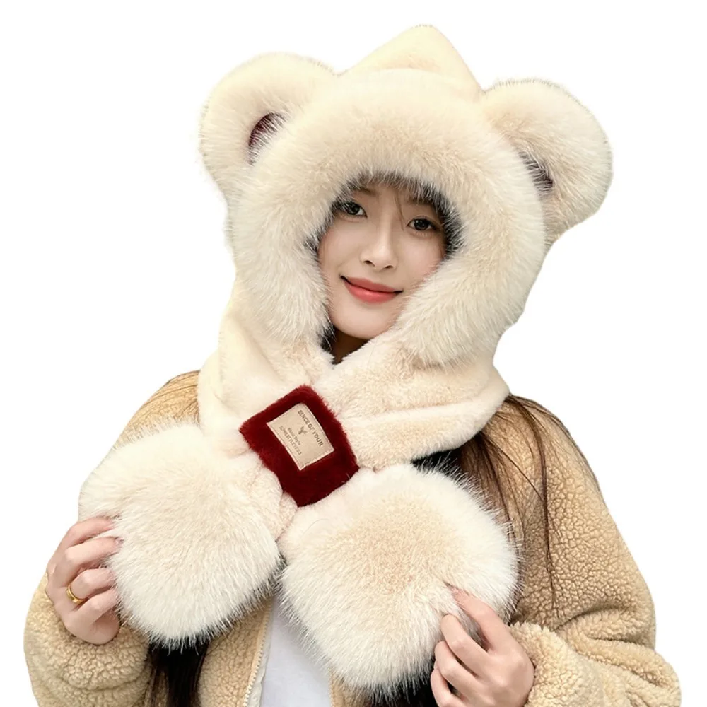 

Two-Piece Set Fox Ear Hat Scarf Cold Protection Korean Style Bear Hat Scarf Integrated Design Thickened Neck Warmer Hat Winter
