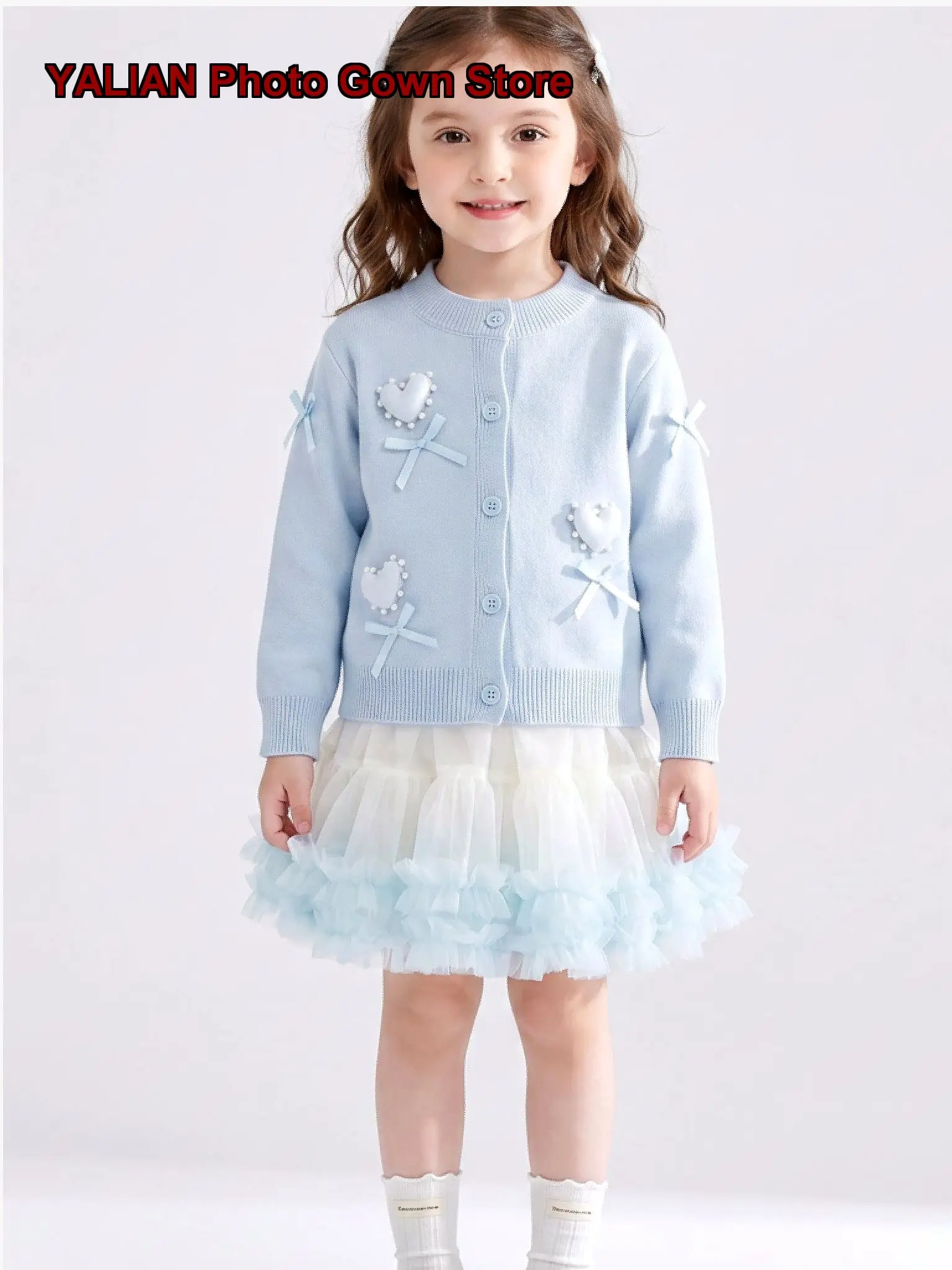 Girls Two-Piece Set Kids Autumn Winter Knit Mesh Princess Dress Solid Color